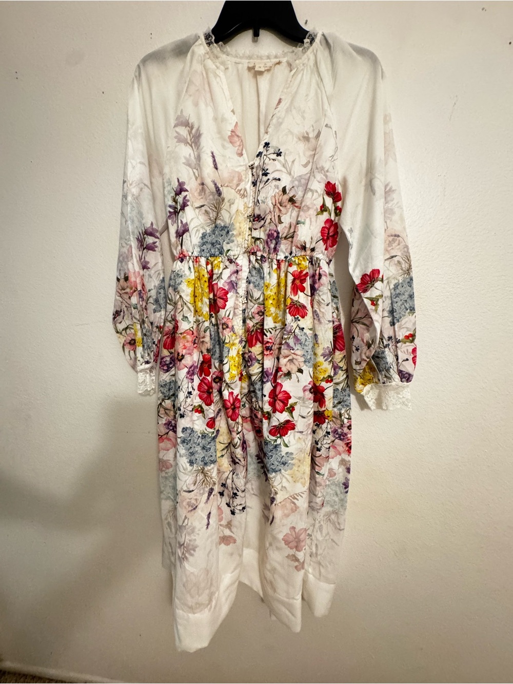 Anthropologie White Floral Midi Dress with Red & Yellow Blooms